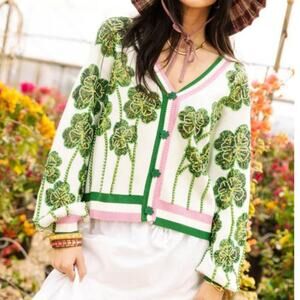 Queen Of Sparkles White, Green & Pink Stripe Beaded Shamrock Cardigan L